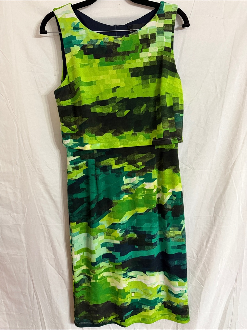 Frank Lyman Design Lime and Teal Pixel-Print Midi Dress